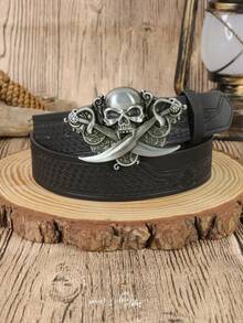1PC Men's Vintage Western PU Leather Belt, Retro Skull & Swords Buckle Belt, Gothic Style Cowboy Waist Belt For Jeans - A - View 2