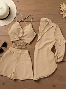 Women's Summer Vacation Set, Fashionable And Elegant Multi-Purpose, Including Elegant Blouse, Shorts And Top, Suitable For Vacation, Beach And Daily Wear - Khaki - View 1