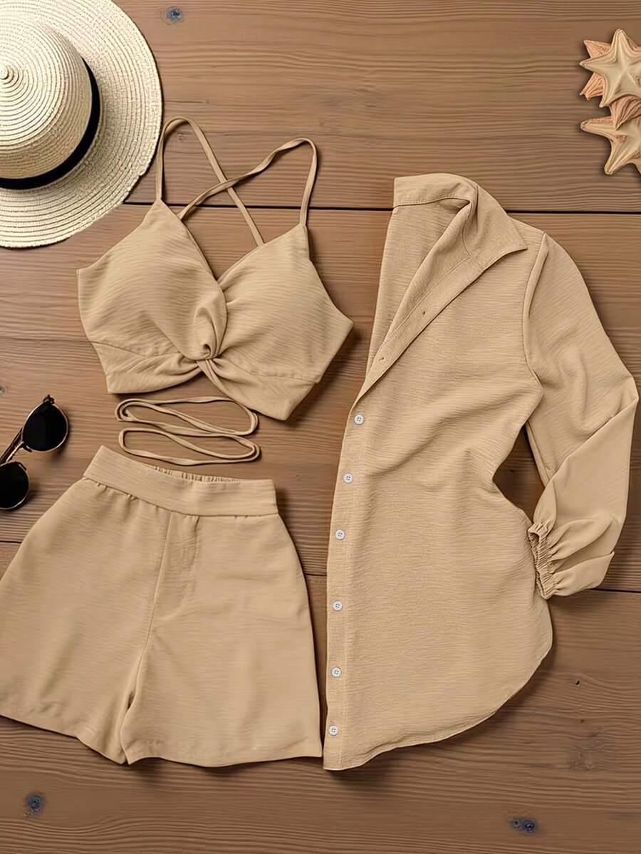 Women's Summer Vacation Set, Fashionable And Elegant Multi-Purpose, Including Elegant Blouse, Shorts And Top, Suitable For Vacation, Beach And Daily Wear - Khaki - View 1