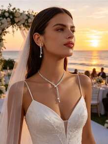 2pcs Sparkling Copper Alloy Rhinestone Tassel Earrings & Necklace Set, Elegant Fashion Jewelry For Party, Wedding, Banquet, All Seasons - Silver - View 4