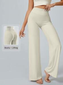 NcmRyu 1 buah Celana Olahraga Wanita Warna Polos Model Longgar Pinggang Tinggi Kaki Lebar - Putih - View 2
