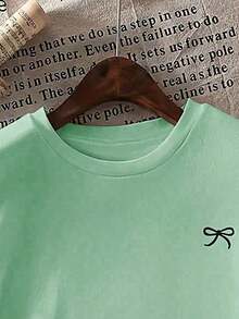 Short-Sleeved T-Shirt With Bow Print, Loose Fit, For Spring/Summer, For Casual Wear - Mint Green - View 4