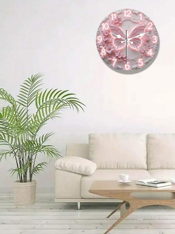 1 pieza Reloj de pared de madera con diseño romántico de flores de cerezo y mariposa en color rosa, reloj decorativo creativo y silencioso, 25/30cm (pilas AA no incluidas), 2D plano