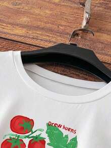 Solt 1pscCamiseta de manga corta con estampado de lazo, de corte holgado, casual de color rojo para primavera/verano100%cotton graphic - Blanco 3 - Ver 4