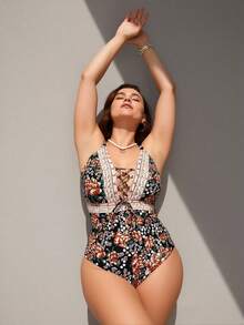 Plus Size One Piece Swimsuit For Women, Tummy Control Bathing Suit With Lace Up, Floral Print Halter Neck Swimwear For Beach, Pool, Vacation - Multicolor - View 2