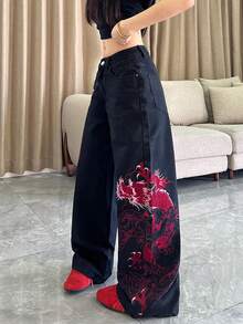 1件装时尚刺绣宽松阔腿牛仔裤，舒适百搭，适合所有季节（不含腰带/配饰）休闲黑色 - 黑色 - 查看 6