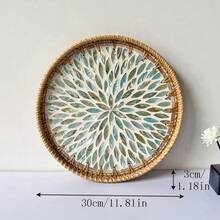 1 pieza Bandeja decorativa hecha a mano de estilo vintage con ratán y conchas, organizador artístico, bandeja para aperitivos, bandeja de té para decoración del hogar - Multicolor - Ver 14
