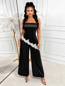 AIJ Elegant Strapless Long 2 Pieces Dress, With White Lace Trim, Suitable For Formal Occasions And Graduation Parties Black Summer - Black - View 1