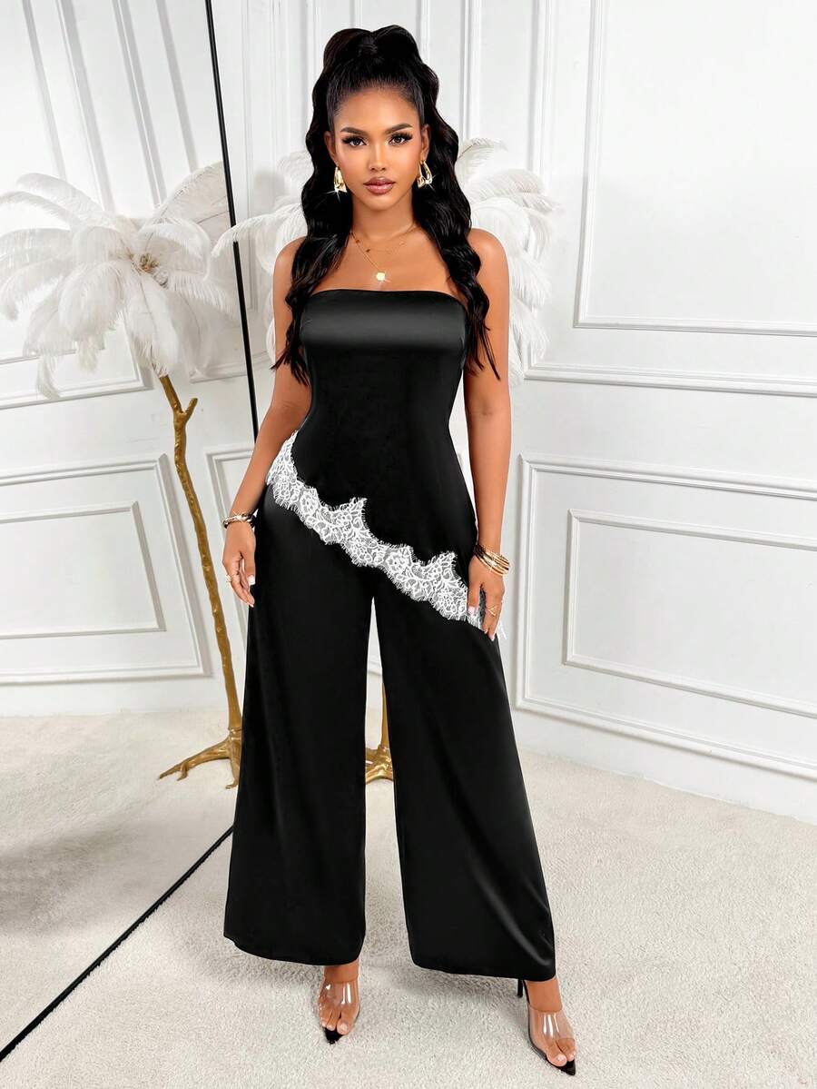 AIJ Elegant Strapless Long 2 Pieces Dress, With White Lace Trim, Suitable For Formal Occasions And Graduation Parties Black Summer - Black - View 1