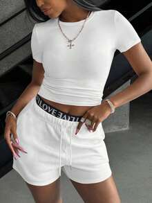 Conjunto de camiseta de manga corta y pantalones cortos de unicolor para mujer con estilo - Blanco - Ver 5