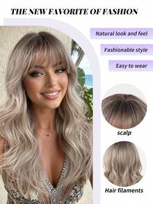 20英寸深棕色带银色挑染长波浪假发，带刘海，女士合成纤维材质，耐热，适合日常、办公、派对、万圣节、圣诞节、感恩节、婚礼、舞会、约会、生日、度假等场合，逼真自然，佩戴舒适。 - 米色 - 查看 7