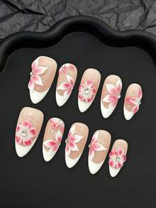 LIVENTO 10pcs 3D Handmade Press On Nails Almond Shape With Red Gradient Raised Floral Carving, White French Tip Hand Painted Design, And Rhinestone Decoration. Hand Made Nails Ideal For Ladies Who Want Chic, Removable, And Unique Handmade Acrylic Nails. - 杏色 - 查看 2