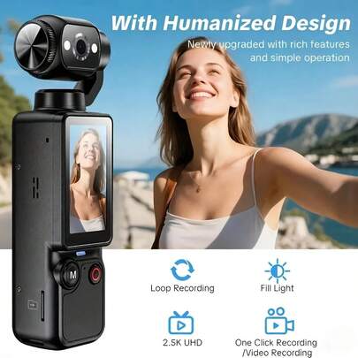 2K便携式可充电摄像机 - 手持稳定器，180°旋转，全身拍摄，适用于视频录制和Vlog，是生活记录和旅行的理想之选。