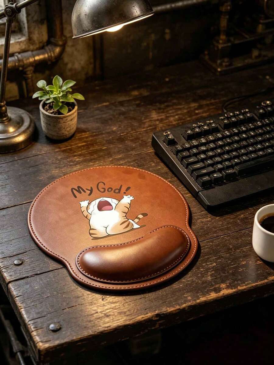 腕托鼠标垫，可爱工作猫图案设计，符合人体工学设计，带腕托，仿皮材质，舒适贴合，提供顺滑的腕托支撑，电脑桌垫，办公键盘垫，桌面保护垫，防滑底座，适用于游戏、电脑、笔记本电脑、办公室、家庭使用，毕业纪念品，适合办公和游戏，情人节和母亲节的完美礼物