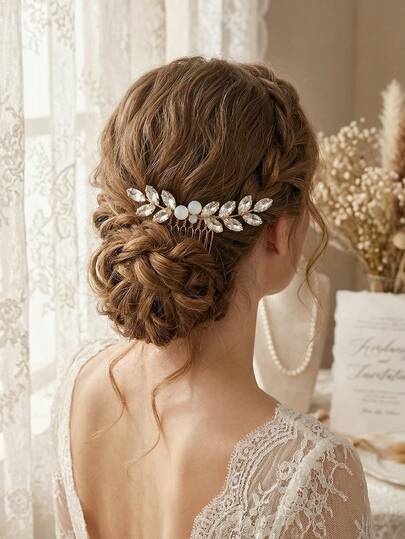 1件优雅奢华水晶叶子发梳，新娘婚礼盘发头饰，正式派对复古金属发饰