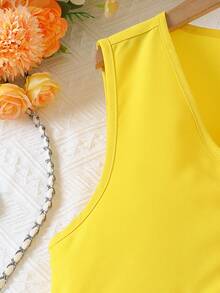 Tween Girl Solid Color Single-Breasted Top And Wide-Leg Pants Casual Daily Outfit - Yellow - View 5