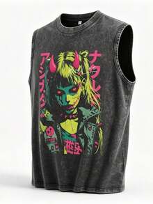 Men's Y2K Acid Wash Distressed Sleeveless Vest - Japanese Anime Demon Girl Graphic With Red Horns, Pink Kanji & 2017 Date Stamp, Super Soft & Breathable Gothic Streetwear Gift Independence Day Father's DayVS003-A - 黑色 - 查看 7