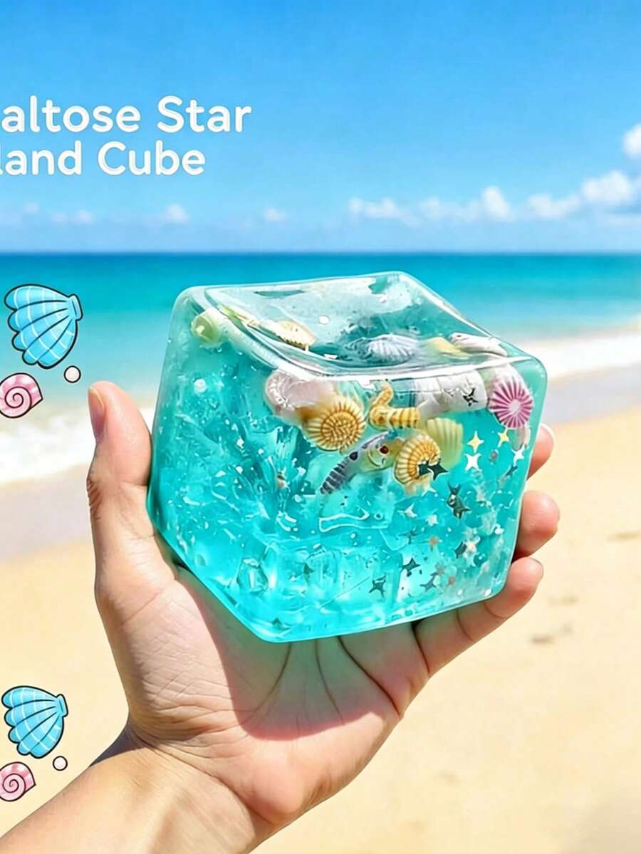 1pc Ocean Themed Sensory Squeeze Toy - Marshmallow Cube, Decorated With Cartoon Seashells, Conches, Dumplings Squeeze Toy, Suitable For Anniversary, Birthday, Party Decor, Squeeze Toy