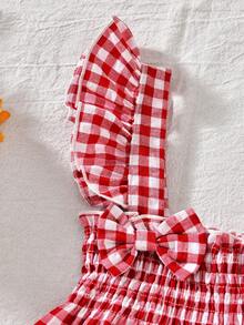 2pcs/Set Baby Girls' Cute Bow Decor Red & White Plaid Camisole Top And Shorts Set, Summer - Red - View 5