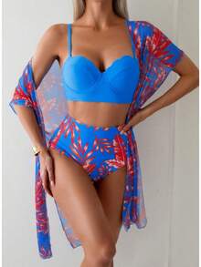 Custom Maple Leaf Print High-Waisted Slimming Bikini Swimsuit And Mesh Jacket. - Sapphire - View 10