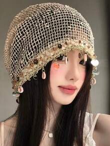 1pc Bohemian Style Shell Pendant Beanie Hat, Vintage Hollow Out Breathable Sunhat For Women, Spring/Summer,Beach,Travel - Seashell Tassel Hat - View 7