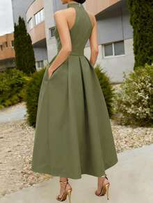 Elegant Women's Dress With A Tie Waist And A-Line Silhouette, New Spring/Summer And Fall/Summer Styles, Sleeveless With A V-Neck, Suitable For The Office Or Everyday Wear In Black. - 軍綠色 - 查看 2
