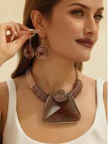 Bộ trang sức phong cách Bohemian màu nâu, gồm 2 món: vòng cổ và bông tai xoắn ốc thủ công. - Cà phê nâu - Xem 3