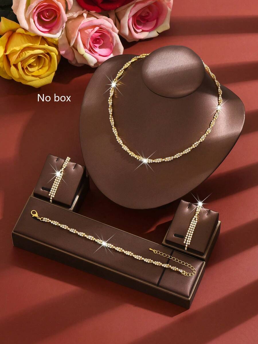 一套女士水钻首饰套装，包括闪亮网球链项链、吊坠耳环和手链，铜质，适合新娘婚礼、晚宴、生日礼物等场合。 - 金色 - 查看 1