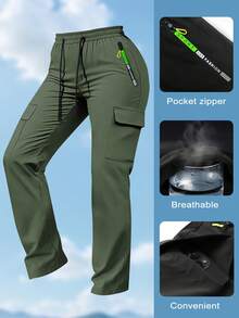 Women's Spring/Autumn Zipper Pocket Cargo Pants, Fashionable Large Pocket Design, Drawstring Elastic Waist, Casual Outdoor/Daily Wear Skinny Trousers - Army Green - View 5