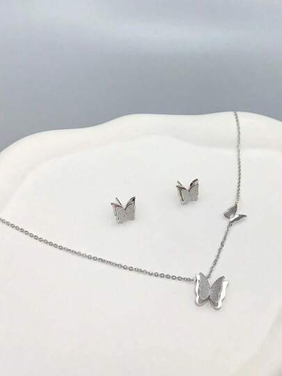 3pcs Women's 18K Gold Plated Stainless Steel Sandblasted Butterfly Necklace And Earrings Set, Ideal For Birthday/Mother's Day/Valentine's Day, Dance Party Jewelry, Bohemian/Holiday/Wedding Season Valentines