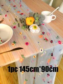 1条145厘米*90厘米花卉刺绣薄纱桌旗，浪漫风格，适用于婚礼、新娘送礼会、婚礼派对装饰、结婚礼物、日常使用、节日、酒店、生日派对、家居装饰、摄影背景，四季皆宜。 - 均碼 - 查看 14
