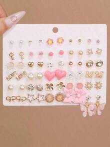 30pcs/Set Minimalist Bow, Flower, Pearl & Metal Cute Sweet Style Earrings Set For Girls - 多色 2 - 查看 2
