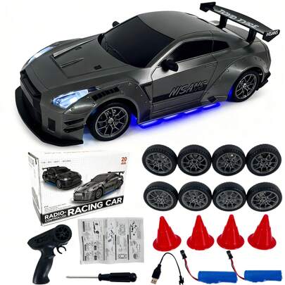 High-Speed Drift Car, 1:24 Scale RC Car, Drift RC Car, High-Speed Electric RC Car Exceeding 20 km/h, Long-Lasting Battery with 2 AA Batteries, ABS Plastic Body, High-Speed RC Car with Four-Wheel Drive and 2.4 GHz Frequency Band, Equipped with LED Light-Up Wheels and Obstacle Avoidance Tools. Suitable for Ages 14 and Up. The Ideal Gift for Birthdays, Halloween, and More