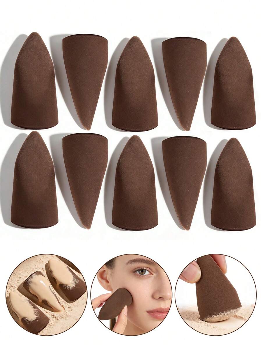 MAANGE 10pcs Reusable Asymmetrical Soft Powder Puff Makeup Sponges, Suitable For Daily Foundation Liquid And Powder Makeup Tools, Women Cosmetic Accessories - Brown - View 1
