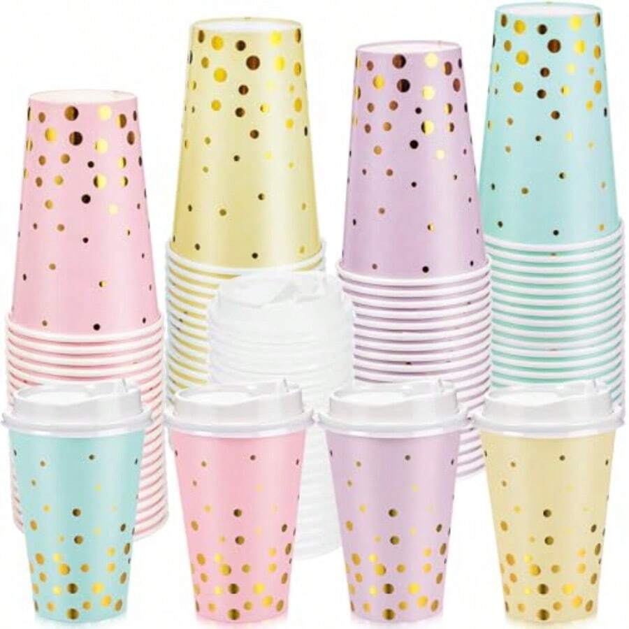 D40 Pcs Pastel And Gold Disposable Coffee Cups With Lids 12oz Gold Foil Dot Gradient Paper Cups For Hot Cold Beverage Water Tea Party Wedding Valentines Birthday Plies - Pastel and Gold - 查看 1