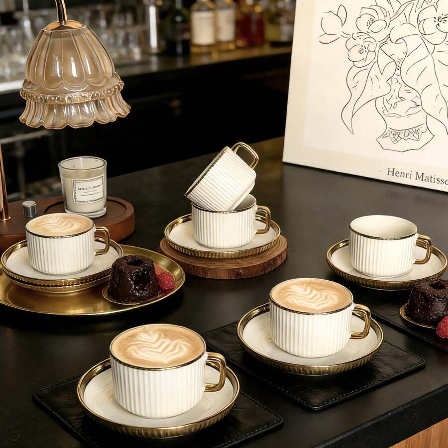 6pcs/Set Vintage Ribbed Coffee Cup And Saucer Set, Luxury Gold Rim Ceramic Espresso Cups, Viral Ins Style Elegant Tableware For Home Afternoon Tea, Office & Breakfast, Perfect Gift For Coffee Lovers - Multicolor - View 1