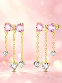 925纯银创意粉色蝴蝶结锆石、心形和圆形锆石流苏耳环，适合日常佩戴 - 彩色 - 查看 1