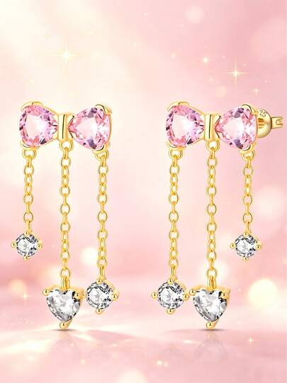 Bông tai bạc 925 Sterling Silver hình nơ hồng, trái tim và bông tai tua rua đính đá Zirconia tròn, thích hợp để đeo hàng ngày.