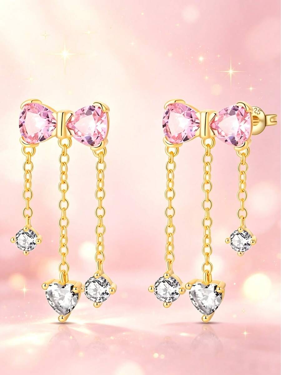 925纯银创意粉色蝴蝶结锆石、心形和圆形锆石流苏耳环，适合日常佩戴 - 彩色 - 查看 1