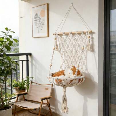 1 chiếc võng treo cho mèo bằng macrame, kiểu Bohemian, giường treo cho mèo, nghệ thuật sợi thủ công, thích hợp cho mọi mùa - Không bao gồm đệm.