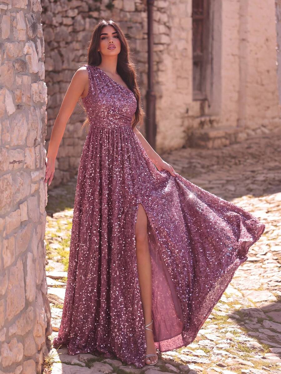 Faeriesty Elegant Women's Sleeveless Long Evening Gown, With Slit Hem And Sparkling Sequins For Luxurious Look, Suitable For Red Carpet, Charity Gala, Wedding, Luxury Party And Other Formal Occasions In Spring And Summer - Dusty Pink - View 1