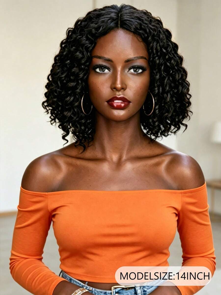 14 Inch African Curly Bob Wig - Heat Resistant Synthetic Small Wavy Style, Natural Look, Full Voluminous Curls, Suitable For Daily Or Special Occasions, Daily Wig Wear | African Style | Synthetic Wig - Black - View 1