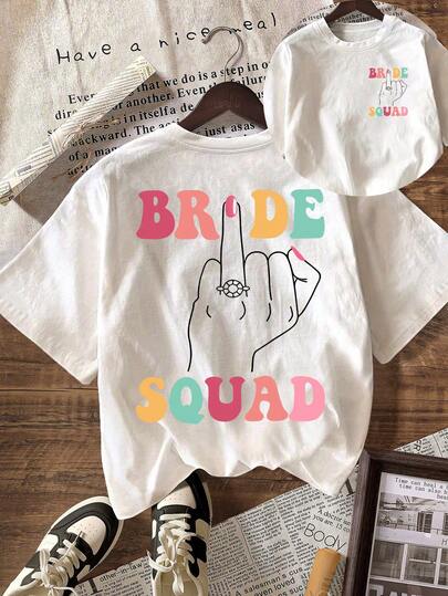 2026 New Summer Casual Women's Top, Double-Sided Printed, Retro Style, Round Neck Solid Color Short Sleeve T-Shirt With Ring Pattern And "Bride Crew" Text White