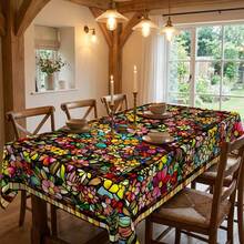 Stained Glass Floral Tablecloth, Colorful Flower Print, Perfect For Kitchen, Dinner, Parties, Holiday Celebrations & Outdoor Gatherings - A - View 8