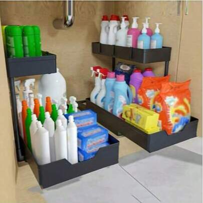 2-Tier Sliding Drawer Storage Rack Under Sink, Plastic Double-Layer Organizer For Kitchen, Bathroom, Wardrobe, Cabinet, Narrow Space Storage, Multipurpose Sink Organizer Suitable For Kitchen And Bathroom Drawers, Black/White