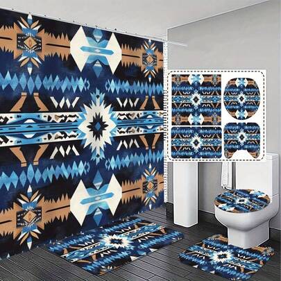 A 1/4 Set, Bohemian-Style 2D Flat Shower Curtain Kit, Including Matching Bathroom Floor Mats, Toilet Lid Covers, And 12 Plastic Hooks – Vibrant Mandala Patterns, Exquisite And Functional, Making It An Excellent Gift For Home Decor. There Are Multiple Styles Available In-Store For Selection.