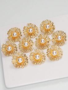 10Pcs Gold Silver Tone Hollow Flower Pearl Metal Buttons, Decorative Fasteners For Clothing - Multicolor - View 6