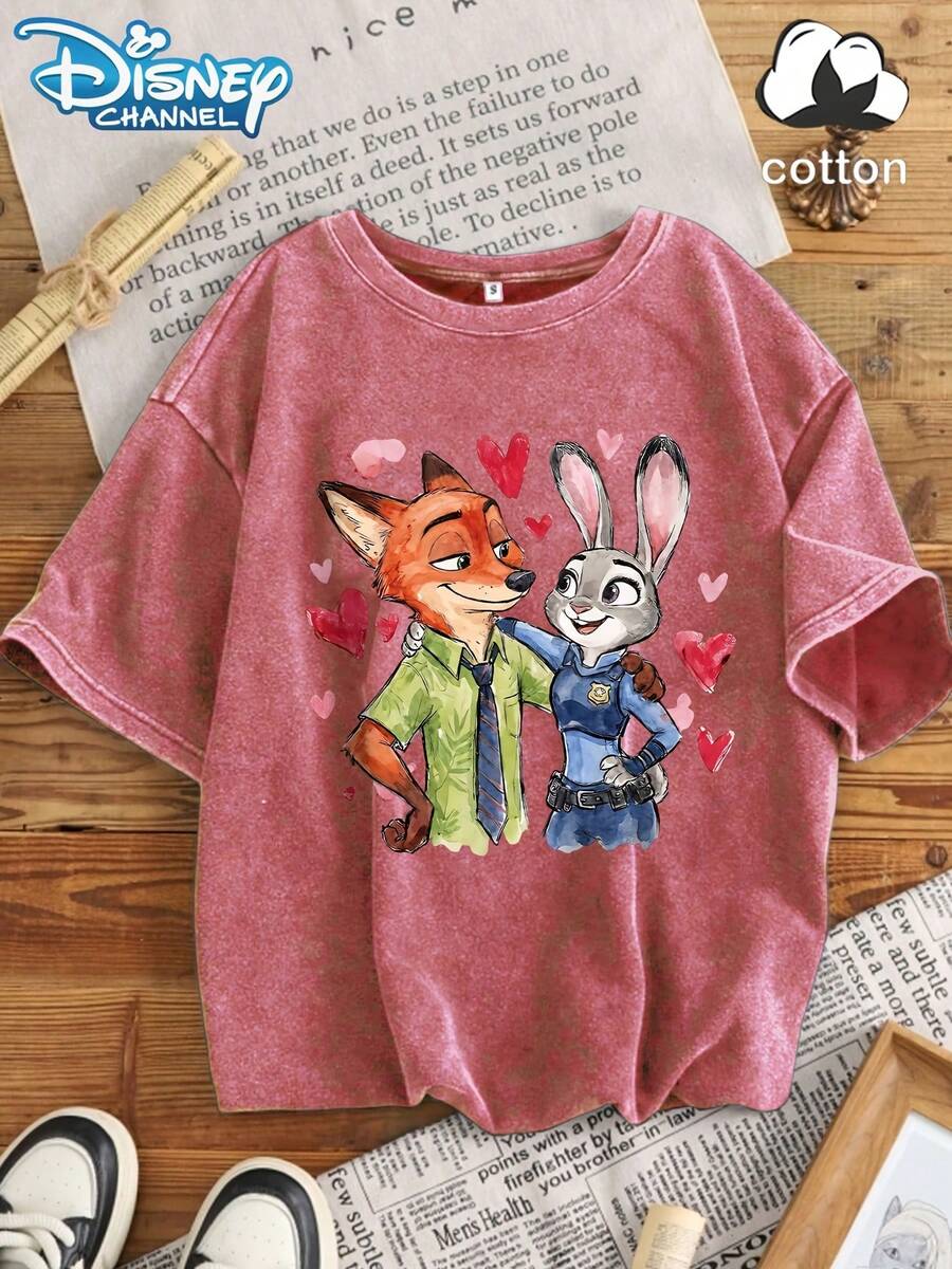 Disney Zootopia Co-Branded Lilo & Stitch Is Not Lazy And. Retro Washed Black Oversized Cotton T-Shirts, Oversized Loose-Fitting T-Shirts For Men And Women, Funny Disney Tops. - Hot Pink - View 1