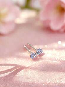 1 Pair S925 Sterling Silver Shiny Blue Zirconia Stud Earrings, Gentle On Ear Piercings, Designed For Daily Wear For Girls, Long-Lasting Luster, Versatile For Festivals, Parties, Or Commuting - Round - View 4