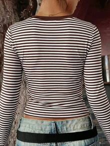 GLAMSKIN Women's Summer/Autumn Basic Striped Contrast Trim V-Neck Long Sleeve Top, Back To School/Outing/Streetwear Casual - Brown and White Stripes - View 2